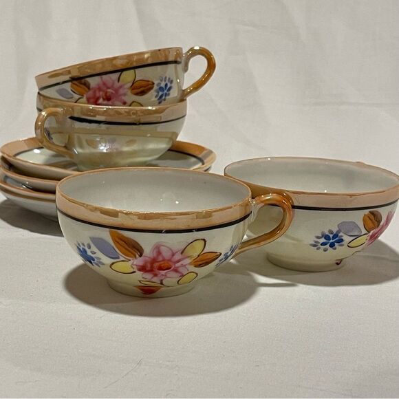 Chinese lustreware teacup and saucer set of 4/8 - Picture 5 of 12